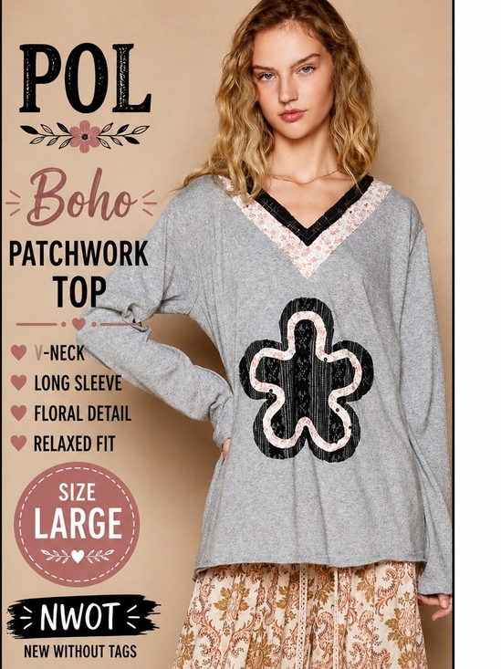 POL Tops - POL Boho Floral Patchwork V-Neck Long Sleeve Top Gray Black Boutique Size Large